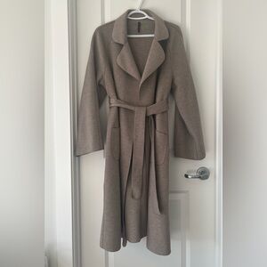 Oatmeal Double-Faced Wool Coat Women Oversized Belted Long Coat 100% Wool Size L